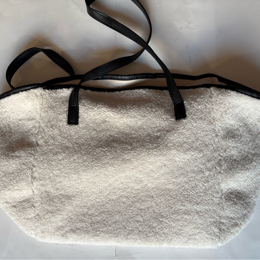 Neiman Marcus white teddy tote bag w/ black leather straps 19 x 11